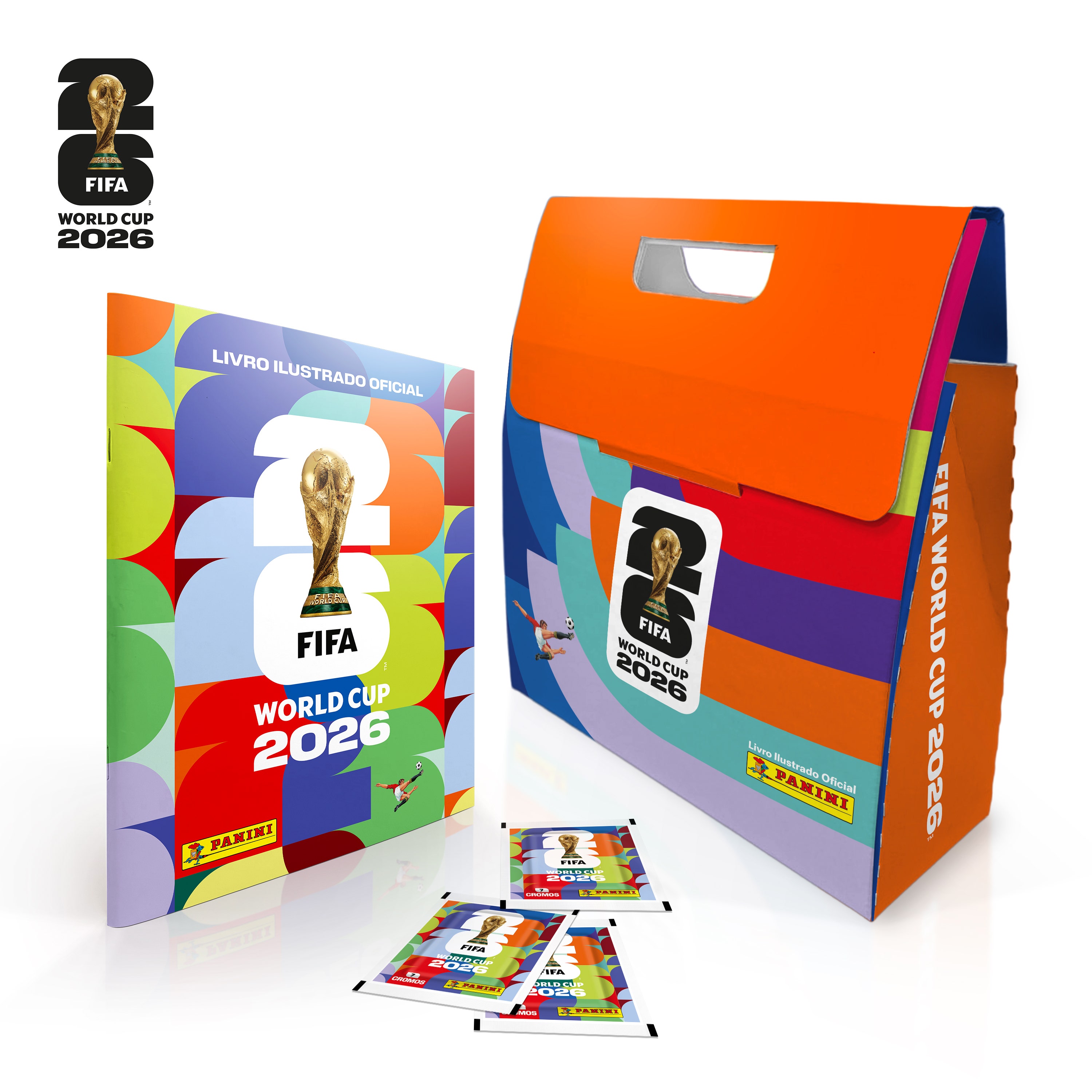 BOX Sacola Panini Copa do Mundo 2026 com álbum capa cartão e 30 envelopes